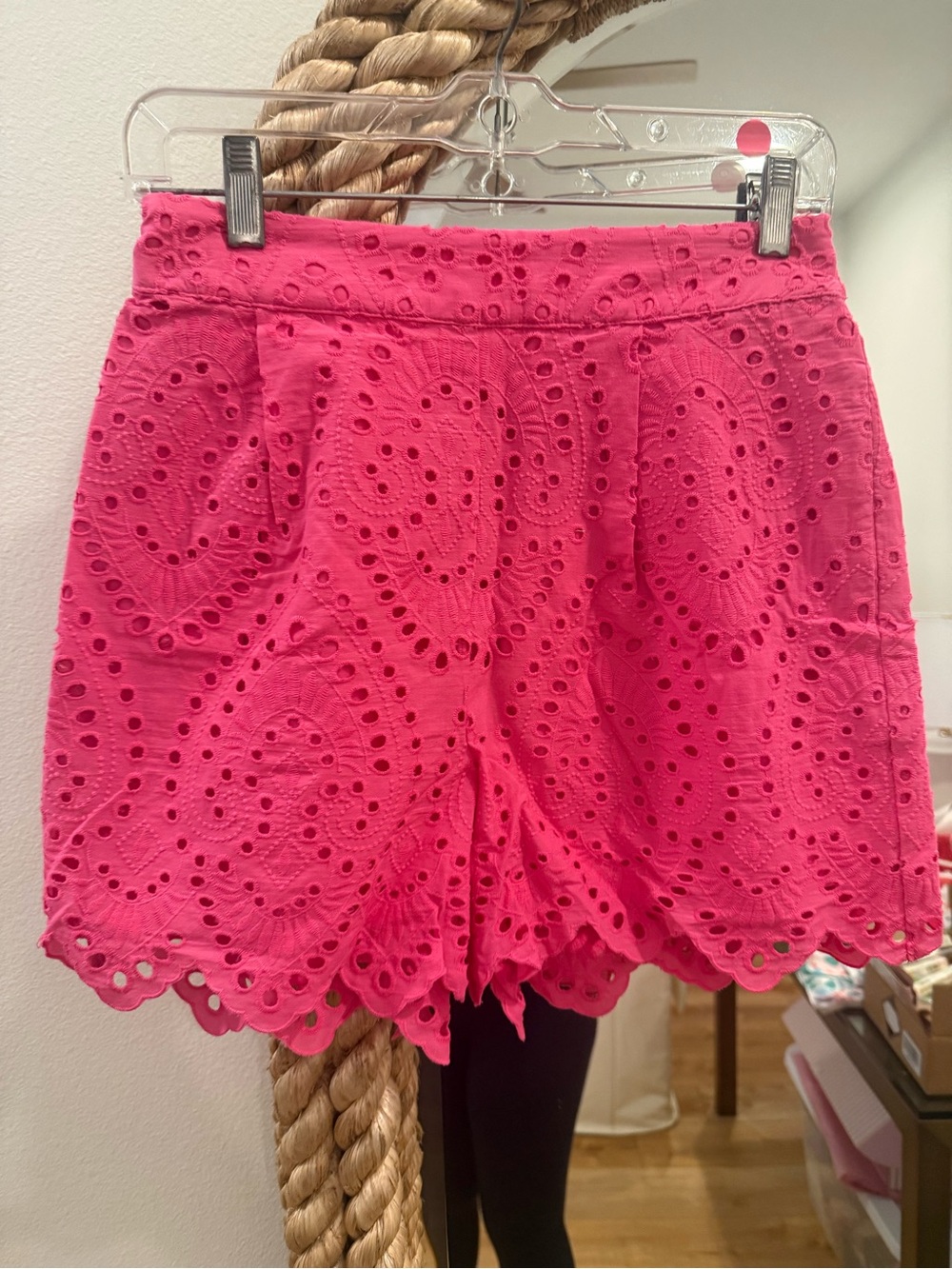 High-Waist Eyelet Scallop-Hem Shorts — Bright Pink